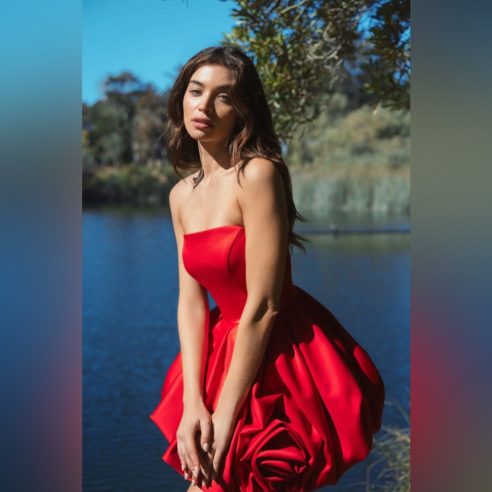 MAC DUGGAL
Red Strapless Mini Dress With Rose Ruffle Detail size 12 Holiday - Picture 2 of 6